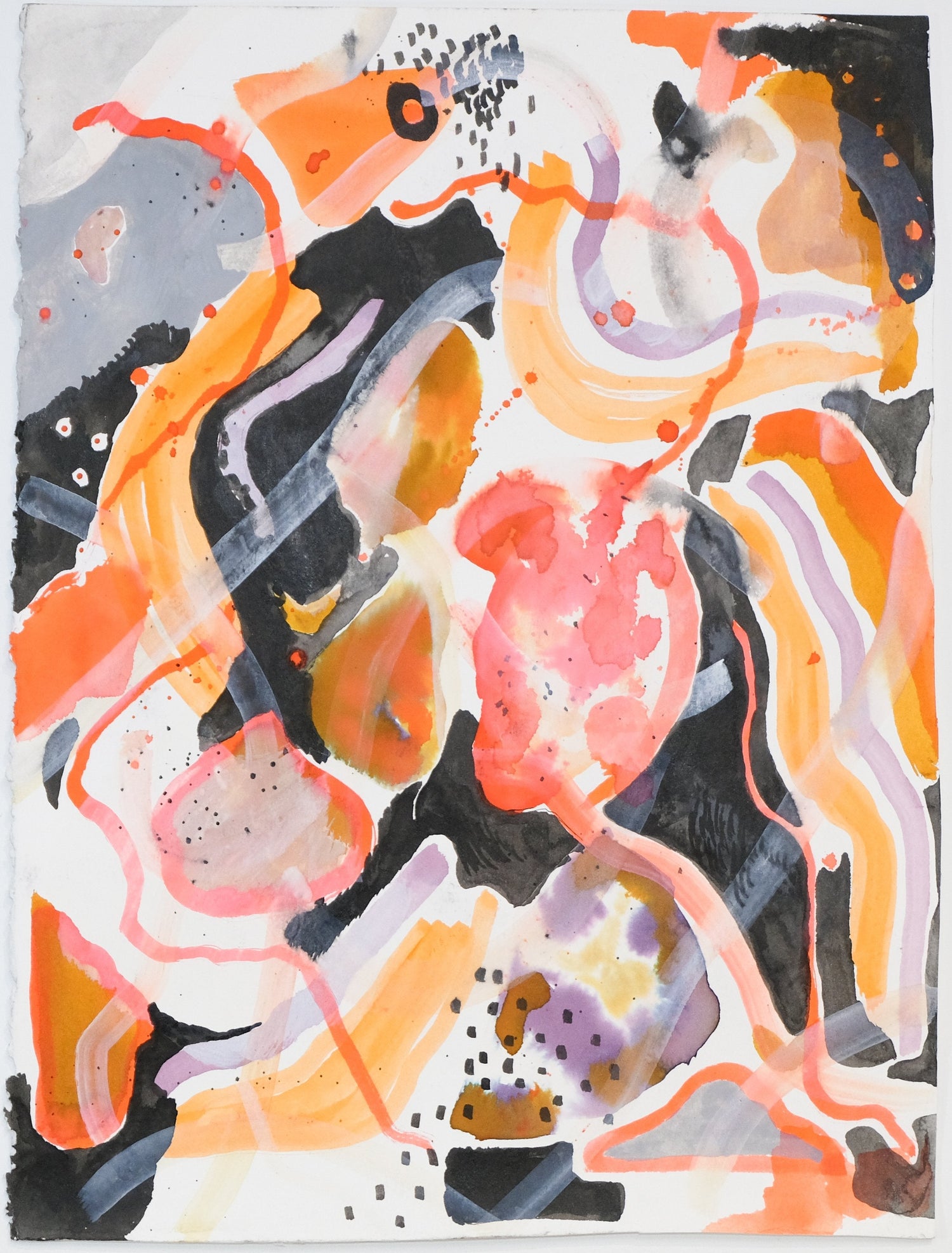 A colorful abstract painting with pink, orange and grey tones