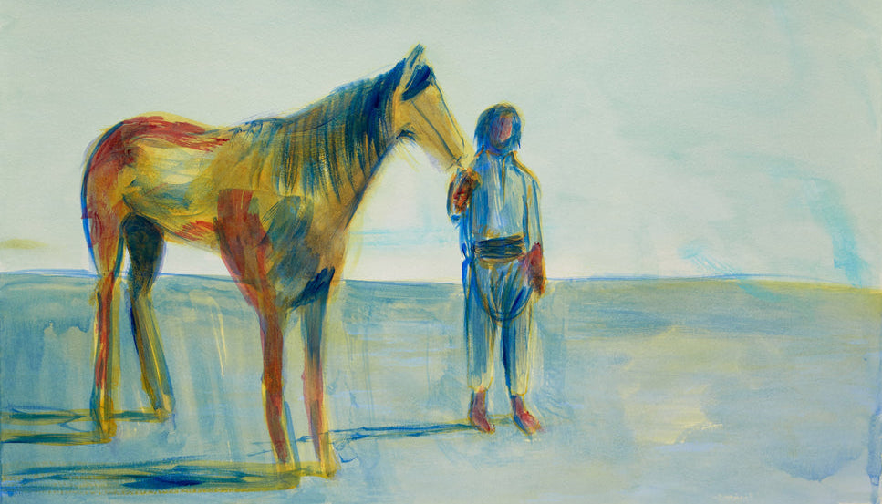 A painting of a person leading a horse
