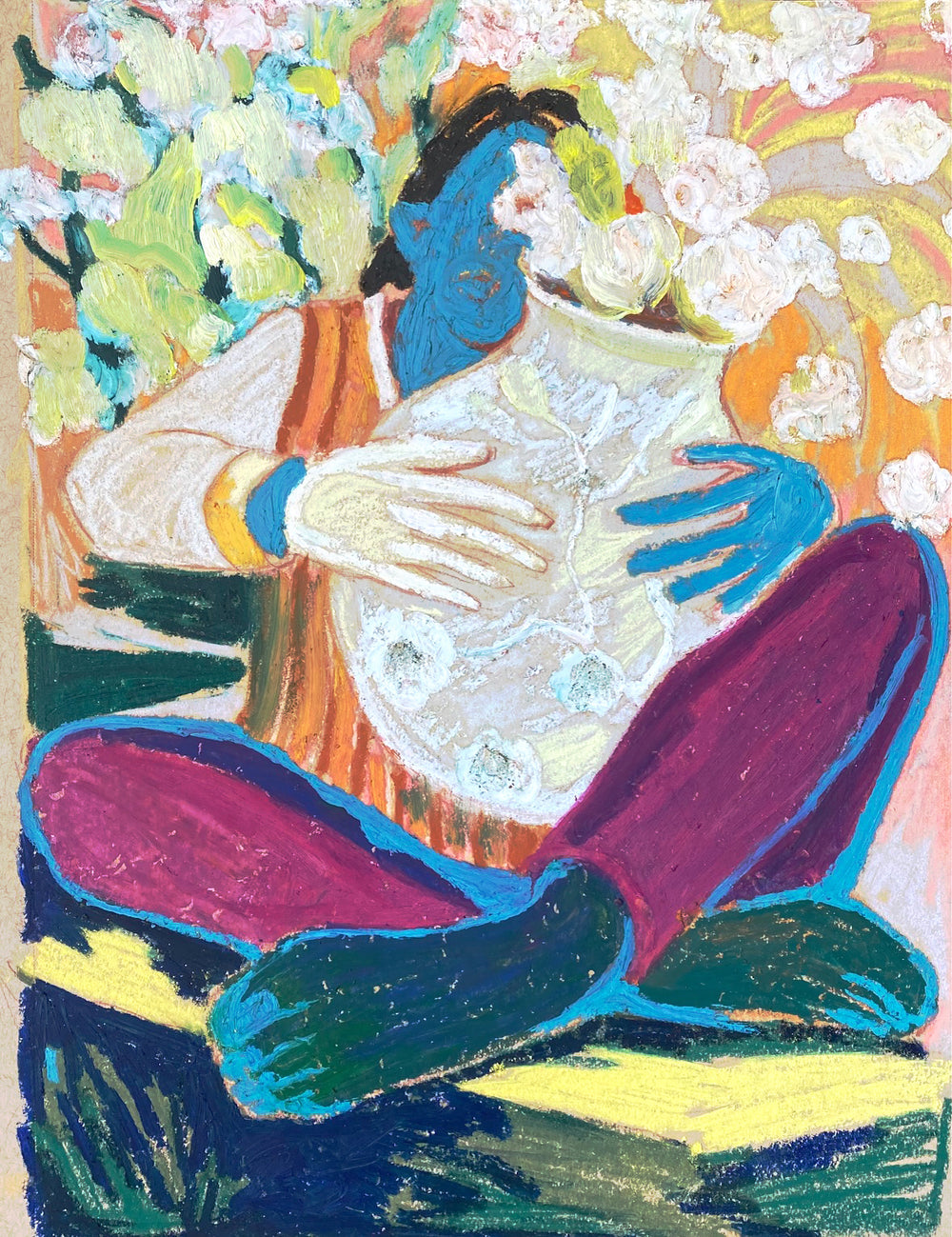 A colorful painting of a person holding a vase of flowers