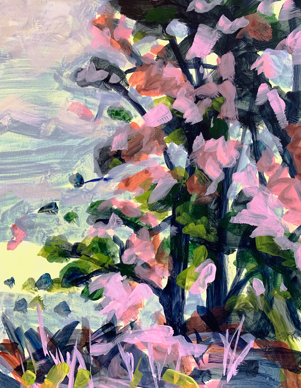 A painting of pink blooms on a tree