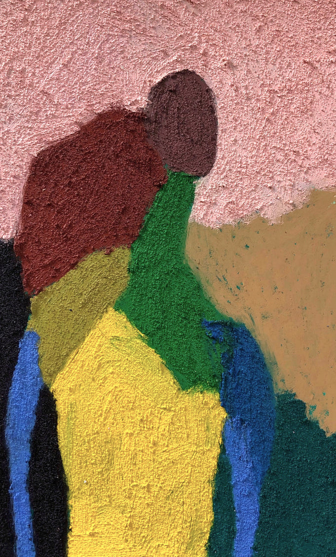 A close up view of gritty, textured paint in bright colors. 