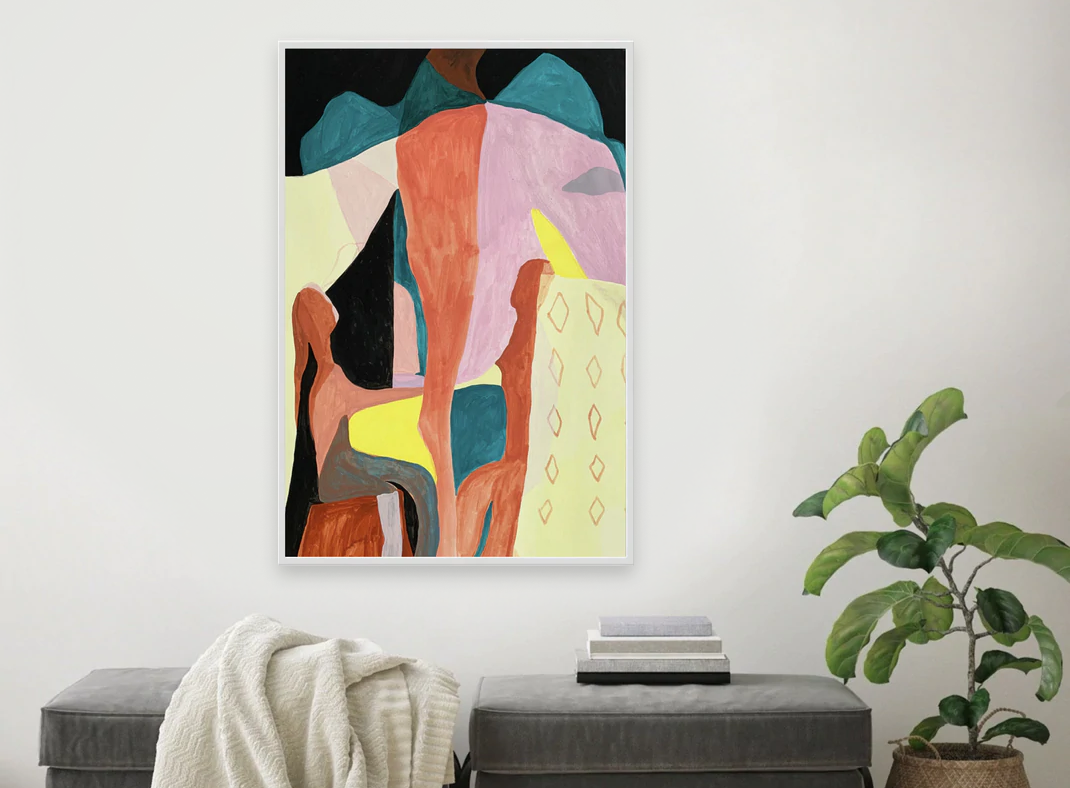 A room with a colorful painting hanging on the wall 
