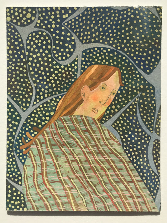 Figure looks over shoulder, clad in plaid against dotted background. Cool palette of blues and greens.
